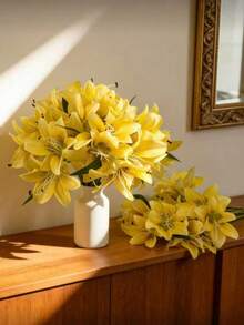 12/1 Artificial Yellow Lily Flower, Artificial Flower Decoration, Suitable For Home Decoration, Bouquets, Wedding Bridal Gifts, Birthday Party Supplies, Table Decoration, Yard Decoration, Wedding Decoration, Hand Bouquet, Fake Flowers, Back To School Decoration - Yellow - View 6