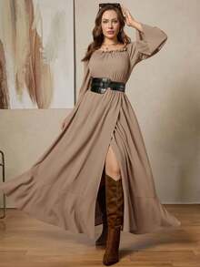 Zelara Vestido de moda de manga larga con cuello cuadrado y abertura lateral para mujer de talla grande - Albaricoque 2 - Ver 1