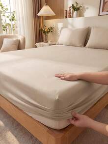 1pc Khaki 100% Waterproof TPU Bottom Solid Color Fitted Sheet, Mattress Protector Cover, Soft & Breathable, Fits Twin, Full, Queen, King Size Beds - Up To 11.8" Deep Pocket, Wrinkle-Resistant, Machine Washable, , Back To School Beddin - Khaki - View 2