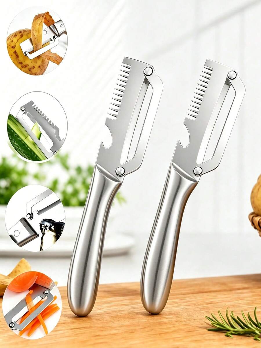 (3合1) 多功能不鏽鋼削皮器、洋蔥切片器、開瓶器、開罐瓶蓋，適用於削胡蘿蔔、馬鈴薯、冬瓜、甘蔗、南瓜及其他水果蔬菜，人體工學手柄設計，廚房用品、廚房配件、家居用品、女性禮物、母親禮物