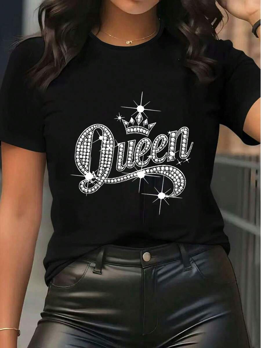Women's Pure Cotton Short-Sleeve T-Shirt Casual Crew Neck Rhinestone 'Queen' Print Bling Top Oversized Loose Fit Summer Fashion Basic Tee Ideal For European Holiday Gifts Christmas New Year Valentine's Day Mother's Day Present Comfortable Breathable Daily Wear Streetwear Style Lightweight Soft Fabric Easy To Match - 黑色 - 查看 1