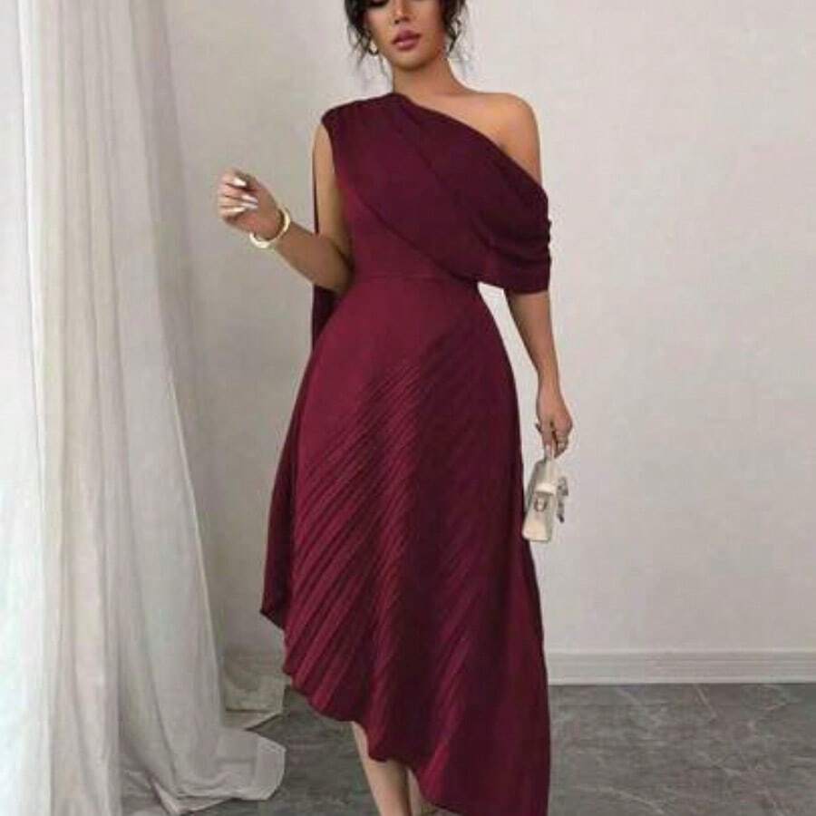 Vestido plisado sin mangas con cuello de bufanda elegante y fluido, brillante, para primavera/verano - Burdeos - Ver 1