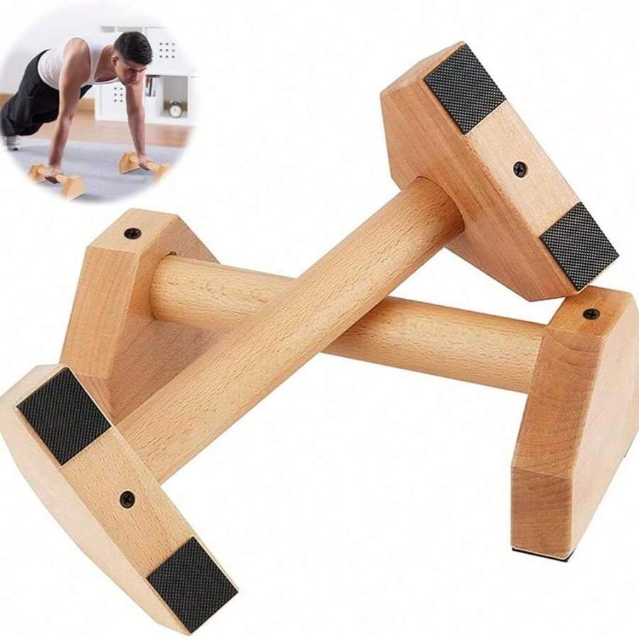 Liegestützgriffe Holz, Handstand Griffe, Push Up Bar für Parallettes, Handstand Stütze, Liegestütze Griff mit Rutschfeste Gummibasis, Crossbar Liegestütze Stange für Indoor Outdoor, Unterstützt bis zu 150KG, Ideal für das Training des Oberkörpers, um Brust, Schultern und Trizeps effektiv zu trainieren. Reduziert die Belastung von Sehnen, Bändern und Handgelenken - Khaki - Übersicht 1