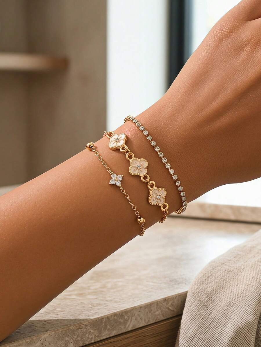 3pcs/Set INS Style Luxury Delicate Bracelet Set, Full Rhinestone Chain With Flower Crystal Decor, Fashion Versatile Women's Hand Jewelry, Suitable For Daily Wear, Beach Vacation, Date, Party, Music Festival - Multicolor - View 1