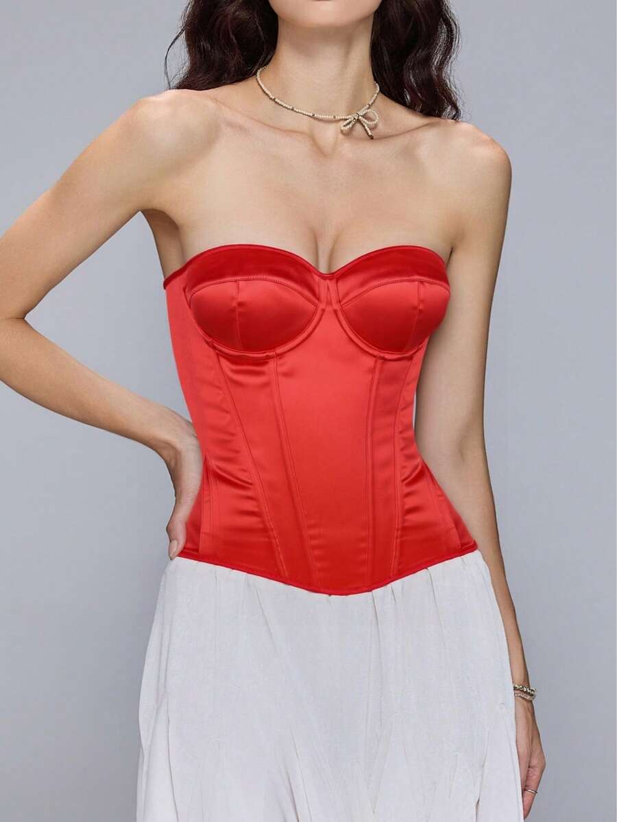 Bonmuse Satin Bandeau Corset With Built-In Cups, Back Lace-Up, Boning Shaping, Vintage Hot Girl Style, Suitable For Daily / Party / Date Wear - Red - View 1