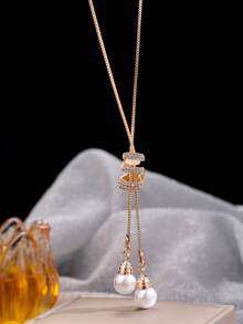 1 pieza Elegante y lujoso collar con colgante de cadena tipo serpiente con rhinestones y perlas, accesorio de moda europeo y americano - Dorado - Ver 9