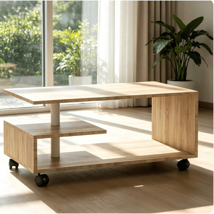 1 Piece Functional Rolling Coffee Table, 90x5icm Wheeled Multi-Tier Storage Table, Great For Living Room, Office & Small Apartments, Coffee Table, Low Table, Side Coffee Table, Rolling Tea Table, Home - Wood Color - View 1