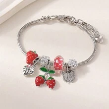 1件甜美風草莓串珠手鍊，附蝴蝶花朵櫻桃吊墜，可調節蛇骨鏈，百搭日常配件 - 草莓櫻桃手鐲 - 查看 4