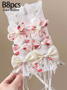 8/8/16pcs Girls Multicolor Tulle Chiffon Fabric Faux Pearl Flower Hair Clips Bow Tassel Ribbon Hair Accessories Headwear Top Clip Back Clip Side Clip Alligator Hair Clip For Daily Use - Multicolor - View 9