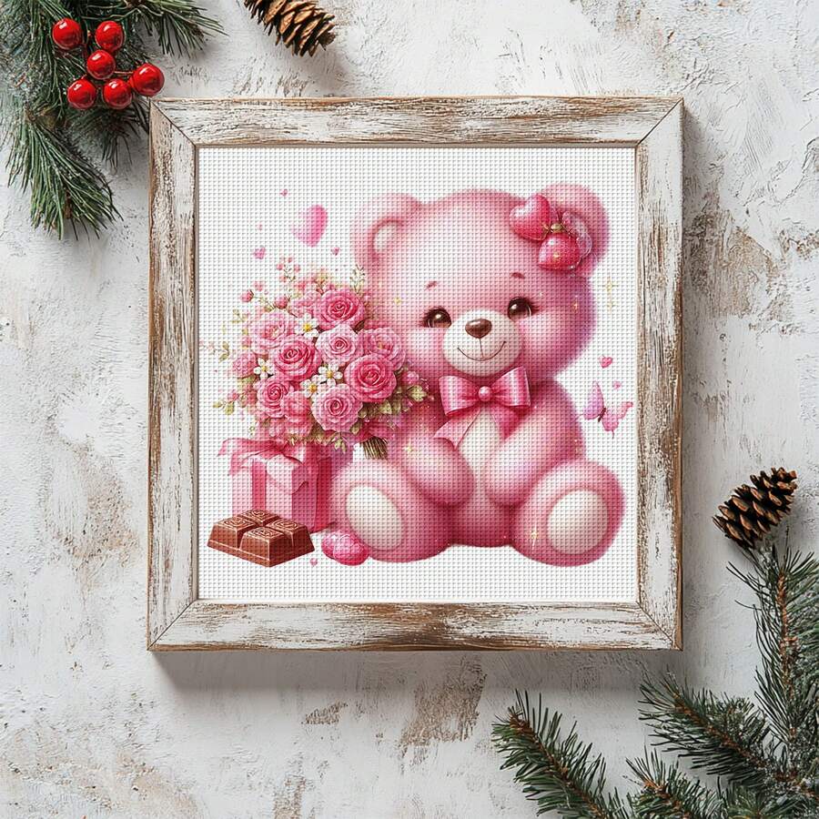1 Set 46cm/18.11inch Valentine's Day Cute Pet Semi-Finished Cross Stitch Kit, DIY Needlework Materials, 11CT Printed Cross Stitch Decor Painting, Creative Handmade Gift, Full Home Decor Craft Set, Frame Not Included