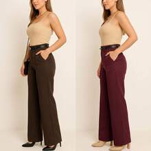Set Of 2 Women's Wide-Leg Pants With Belt - 棕色/酒紅色 - 查看 4