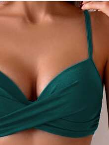 Summer Solid Color Sexy Elegant Bohemian Style Spaghetti Strap Bikini Set, Sweet Two Pieces Swimwear For Beach Vacation - Dark Green - View 6