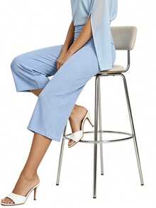 Womens Wide Leg Capris Casual Fold Over Waist Stylish Solid Color Mid Rise Cropped Pants - Blue - View 2