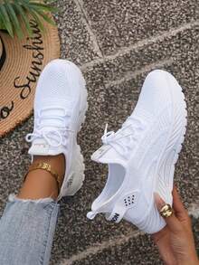 Women's Lightweight Breathable Casual Sports Shoes, Comfortable Running Fitness Sneakers, White Versatile Sneakers Suitable For All Seasons - trắng - Xem 1