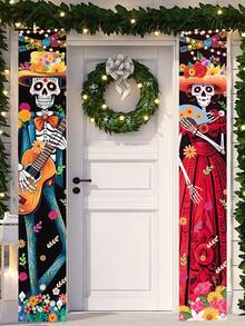 2pcs Mexican Day Of The Dead Door Curtain, Sugar Skull And Floral Pattern Door Curtain Backdrop, Vintage Style Skull And Marigold Decoration, Day Of The Dead Door Decor, Halloween Party Supplies, Suitable For Living Room Bedroom, Halloween, Day Of The Dead, Decorative Panel, Entrance Decor, Holiday Decor, Halloween Decoration - Day Of the Dead Skeletons - View 11