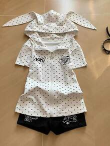 Summer Outfit For Women: Hoodie Vest, Sweet And Cute Half Coat With Star Bunny Ears, Short Sleeves, New Summer Cartoon Print For Women, Great Fit And Neat Design, Zippered Top, Summer Clothes, Blouse, Women's Short-Sleeved Jacket. - AA - View 3