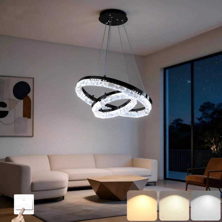 Modern Ceiling Pendant Light Two Rings LED Tricolor Decorative Light For Living Room Bedroom, Dining Room, Etc - Black - View 1