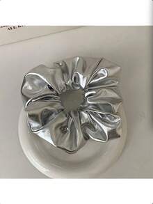 1pc Silver Shiny Y2K Scrunchie, High-End Nonchalant Style, Suitable For Daily Wear Ponytail Hair Ties Elastics Rubber Bands - Silver - View 1
