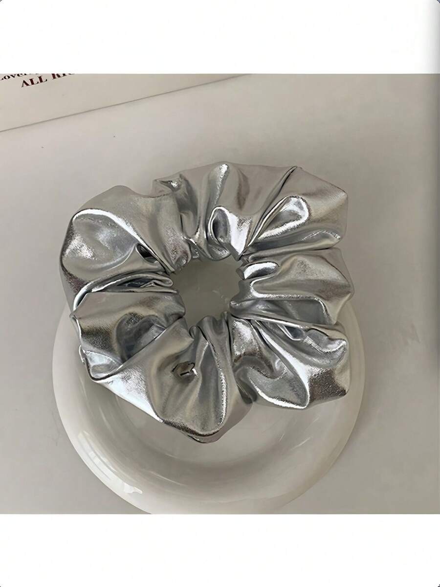 1pc Silver Shiny Y2K Scrunchie, High-End Nonchalant Style, Suitable For Daily Wear Ponytail Hair Ties Elastics Rubber Bands - Silver - View 1