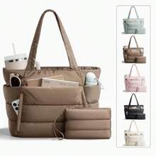 Two-Piece Tote Bag For Women, Multi-Compartment Quilted Tote Bag, Suitable For Short Trips, Duffel Bag, School Trips, Gym. - Khaki - View 5
