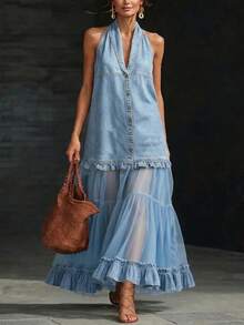 Women's Halter Neck Denim & Tulle Tiered Maxi Dress Dark Wash Button Front Ruffle Hem Mixed Media Dress Boho Halter V-Neck Denim Top With Sheer Tulle Skirt - 淺藍色 - 查看 1