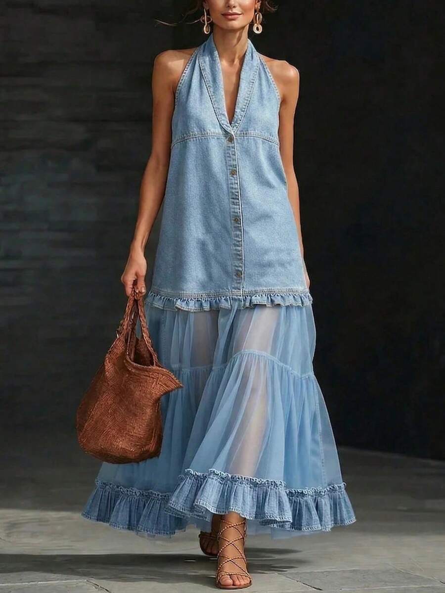 Women's Halter Neck Denim & Tulle Tiered Maxi Dress Dark Wash Button Front Ruffle Hem Mixed Media Dress Boho Halter V-Neck Denim Top With Sheer Tulle Skirt - 淺藍色 - 查看 1