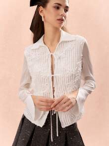 2026 Blusa de unicolor con textura, frente retorcido y mangas abiertas para mujer - Blanco - Ver 1