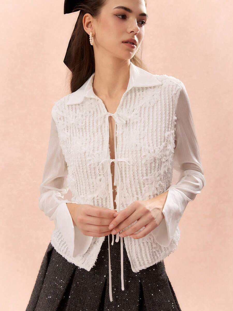 2026 Blusa de unicolor con textura, frente retorcido y mangas abiertas para mujer - Blanco - Ver 1