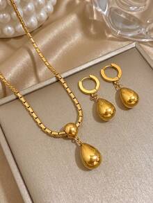 Conjunto de pendientes y collar de acero inoxidable chapado en oro de 18K con gota de agua lisa, collar de mujer, pendientes de mujer, joyería de acero inoxidable, joyería chapada en oro, adecuada para uso diario, citas, vacaciones, fiesta de graduación, Día de la Madre, joyería de playa, joyería de verano, joyería de estilo bohemio - Multicolor - Ver 1
