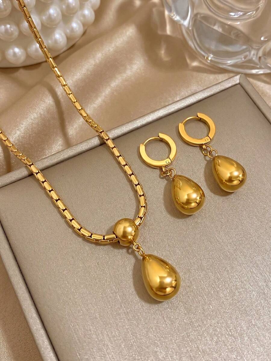 Conjunto de pendientes y collar de acero inoxidable chapado en oro de 18K con gota de agua lisa, collar de mujer, pendientes de mujer, joyería de acero inoxidable, joyería chapada en oro, adecuada para uso diario, citas, vacaciones, fiesta de graduación, Día de la Madre, joyería de playa, joyería de verano, joyería de estilo bohemio - Multicolor - Ver 1