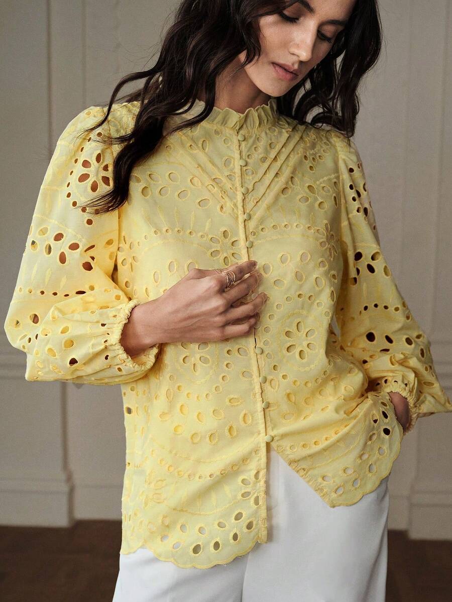 Nueva llegada Otoño Estilo francés Casual Blusa de manga larga con bordado, pliegues y calados en la parte delantera - Amarillo - Ver 1