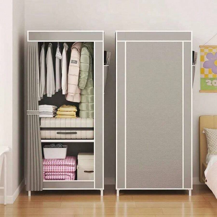 Single Wardrobe With Wire Frame, 146cm, Clothes Organizer With Curtain Door - View 1