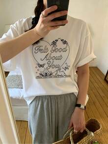 Minimalist. 100% Cotton. 1 Piece. Women's Short-Sleeved T-Shirt, Loose And Casual, Sweet And Retro Y2K Style. Cotton Top With Graffiti Print Of Hearts, Bunnies, And Letters, Versatile T-Shirt For Everyday Wear And Summer Sports. Spring/Summer Top. - 白色 - 查看 3