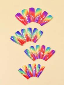 Rainbow Color Medium Square Press-On Nails, Colorful Striped Design, Summer Glossy Acrylic Fake Nails, Cute Full Coverage Nail Tips, Suitable For Women, 24pcs/Box - 彩色 - 查看 2