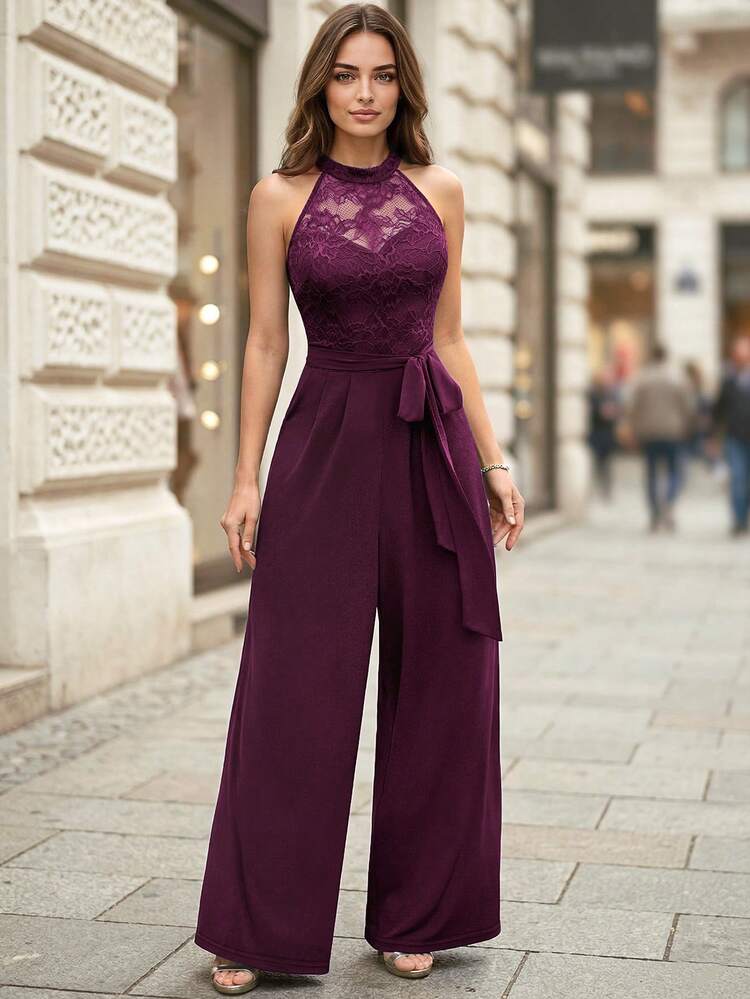 MIUSOL Bộ jumpsuit không tay, cạp chun, ren hoa, dáng rộng, thích hợp cho các buổi tiệc bán trang trọng, dự đám cưới, lễ tốt nghiệp, dạ hội. - Màu Tím - Xem 6