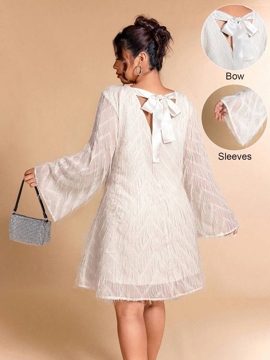 Cravure Vestido mini de línea A con decoración de lentejuelas, plumas y moño para mujer de talla grande, adecuado para citas, fiestas y reuniones - Blanco 2 - Ver 1