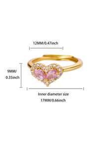 Dainty Pink Double Droplet Cubic Zirconia Heart Rings, 18K Gold-Plated & Silver Color Open Ring For Women, Golden Waterproof Wedding Jewelry Prom Accessories, Gifts For Mom/Best Friends - Heart & - View 6