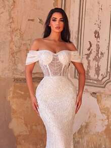 Faeriesty Đầm dạ hội đuôi cá lấp lánh, sang trọng, hở vai, đính sequin với đuôi váy dài chạm sàn - dáng ôm xòe nhẹ, thêu tinh xảo, phù hợp cho các sự kiện thảm đỏ, đám cưới sang trọng và dạ hội trang trọng. - trắng - Xem 4