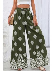 [Free Shipping]Women Wide Leg Pants Casual High Waist Floral Palazzo Pants For Women Flowy Lounge Boho Beach Trousers Pockets Women's Wide Leg - 軍綠色 - 查看 4