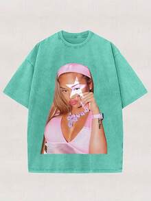 Women's Y2K Streetwear Graphic Print Cotton Tee Casual Short Sleeve Round Neck T-Shirt In Oversized Fit - 青碧色 - 查看 1