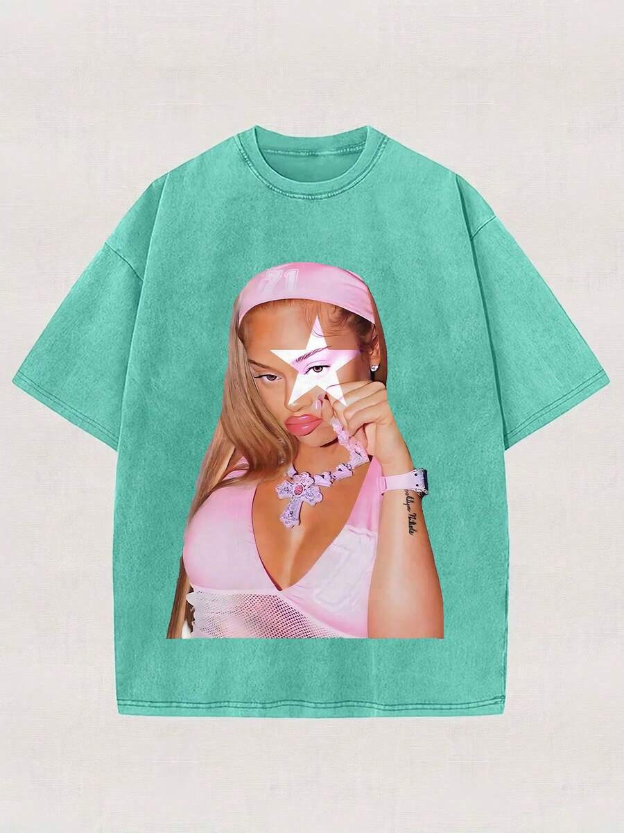 Women's Y2K Streetwear Graphic Print Cotton Tee Casual Short Sleeve Round Neck T-Shirt In Oversized Fit - 青碧色 - 查看 1