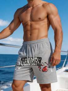Pantalones cortos deportivos casuales para hombres, diseño con estampado de letras retro, pantalones cortos bermudas grises con cordón, de ajuste holgado y versátil - Gris - Ver 2