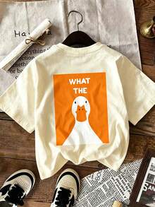 WHAT THE Funny Duck Print Round Neck T-Shirt For Women, Sweet & Cute, Soft & Loose, Suitable For High-End Street & Resort Style, College Style, Casual Versatile Short Sleeve Top For Spring, Summer, Autumn - Apricot - View 3