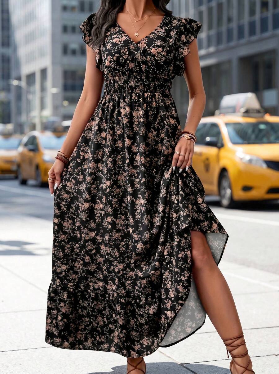 Women's Bohemian Style Floral V-Neck Ruffle Hem Short Sleeve Long Dress - Black - View 1
