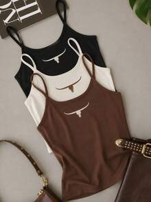 Set Of 3 Women's Country Western Longhorn Ribbed Premium Fitted Tank Tops - 黑色,棕色和米白色 - 查看 1