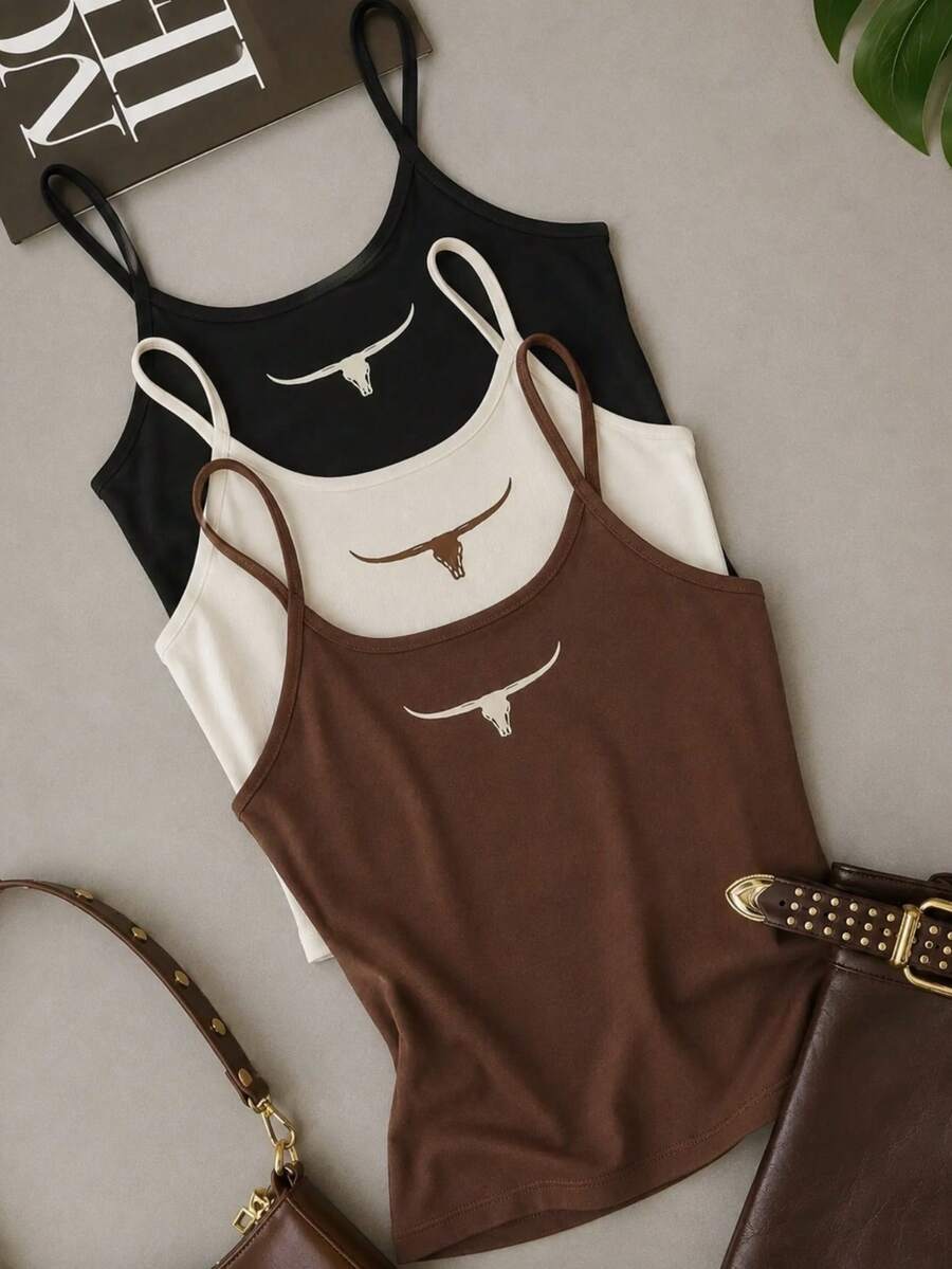 Set Of 3 Women's Country Western Longhorn Ribbed Premium Fitted Tank Tops - 黑色,棕色和米白色 - 查看 1