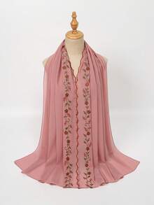 1 pièce Foulard long en mousseline brodé pour femmes, foulard doux, respirant, confortable et polyvalent, broderie de vigne, ourlet en forme d'éventail exquis, foulard léger, respirant et doux, convient pour les fêtes, les voyages, la photographie et d'autres occasions, toutes saisons - Multicolore - Voir 8