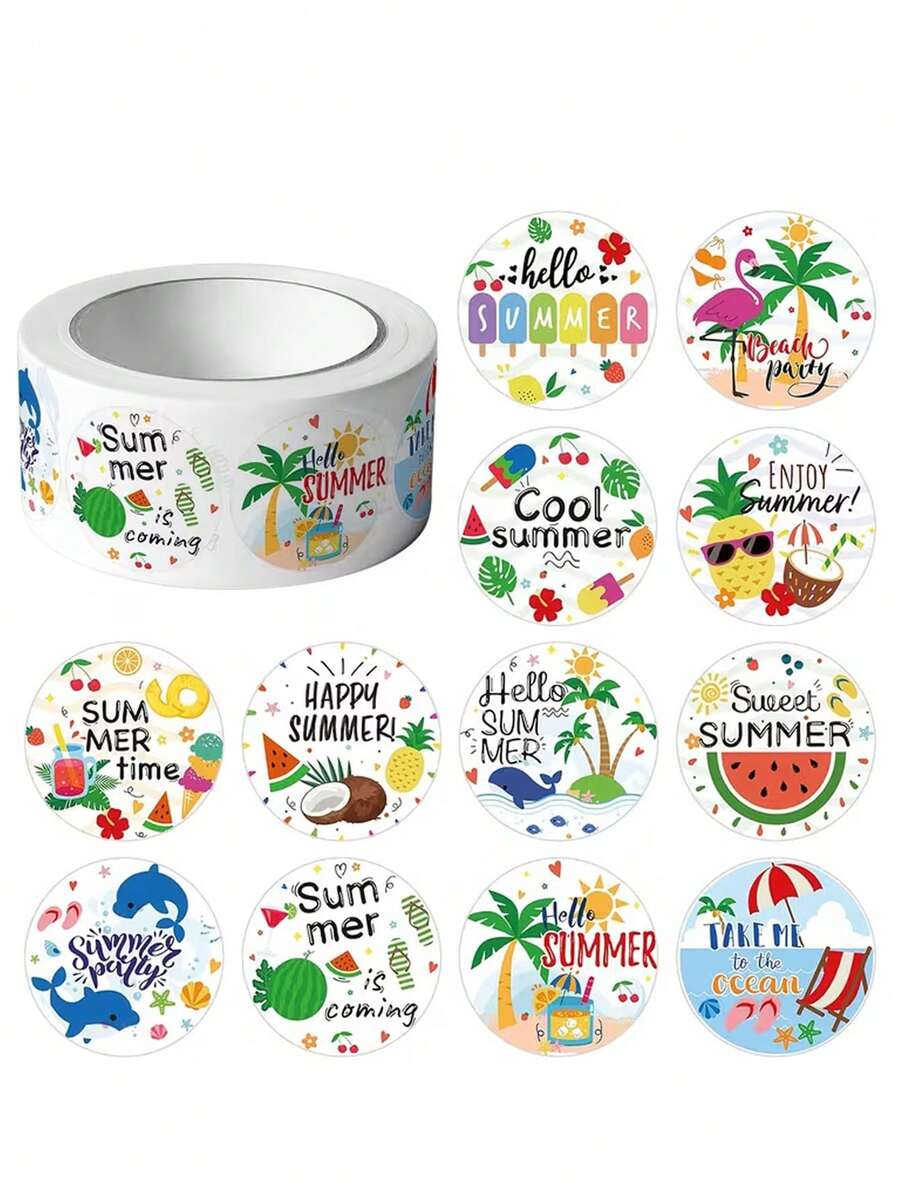 500 pièces/1rouleau Autocollants thème plage d'été : 12 designs uniques, mettant en valeur un style de plage rafraîchissant. Ces étiquettes autocollantes en PVC sont parfaites pour l'emballage cadeau, le scellage, la décoration de valises, de journaux, de cahiers, de bouteilles d'eau, de coques de téléphone et plus encore. - Taille unique - Voir 1