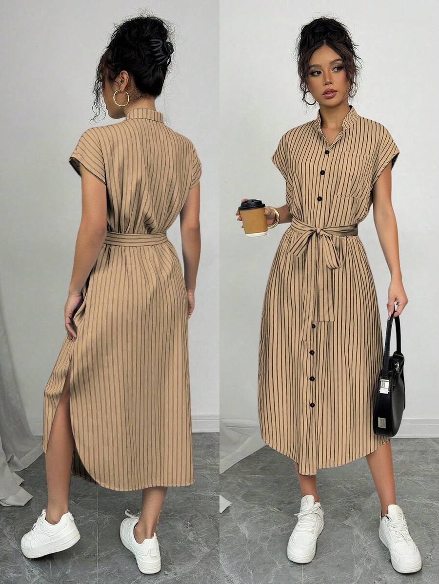 Vestido camisero corto de rayas azules con bolsillos, lazo y aberturas, de estilo tranquilo y elegante, apropiado para conciertos de graduación, negocios casuales, estilo old money, vacaciones y tiempo libre en primavera y verano de 2025 - Caqui - Ver 1