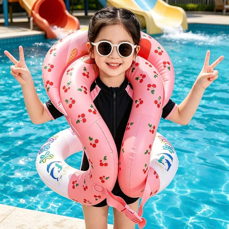 馬卡龍色充氣游泳背心,櫻桃紅 (Happy Swim) 游泳背心,加厚學習游泳背心,男女通用,游泳,開學第一天 - 彩色 - 查看 1